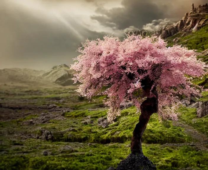 Image similar to 4 k hd, high detail photograph of blossoming tree in mordor landscape, apocalyptic scenery, shot with sigma f / 4. 2, 2 5 0 mm sharp lens, wide shot, consistent, volumetric lighting, high level texture render