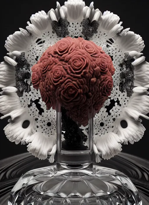 Prompt: perfume bottle standing in the center of a biomechanical black enchanted cave made of corals, daisies, roses in an ivory room well contoured smooth fair walls, up close shot, sharp focus, global illumination, radiant light, alexandre ferra white mecha, irakli nadar, octane highly render, 4 k, ultra hd,