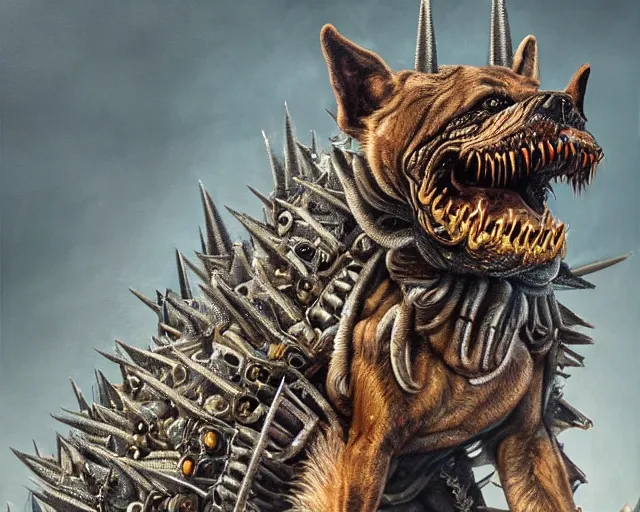 Image similar to Haunting horrifying hyperrealistic detailed painting of a dog canine creature sitting atop a giant throne of spikes, heavy metal, disgusting, creepy, unsettling, in the style of hyper detailed, trending on Artstation