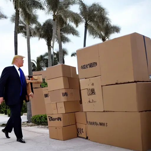 Image similar to donald trump leaving mar - a - lago with cardboard boxes, lego,