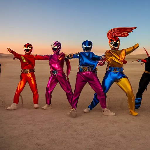 Prompt: Power Rangers dancing at Burning Man, rave, dessert, local heroes, high fashion, street photography, summer, golden hour,