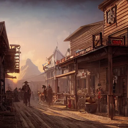 Image similar to painting of a wild west town, no people, saloon, golden hour, ultra realistic, concept art, dark fantasy, intricate details, eerie, highly detailed, photorealistic, octane render, 8 k, unreal engine 5. art by artgerm and greg rutkowski and alphonse mucha