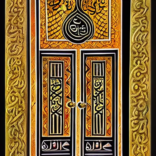 Image similar to door, arabian calligraphy, arabian art, oil painting , symmetrical