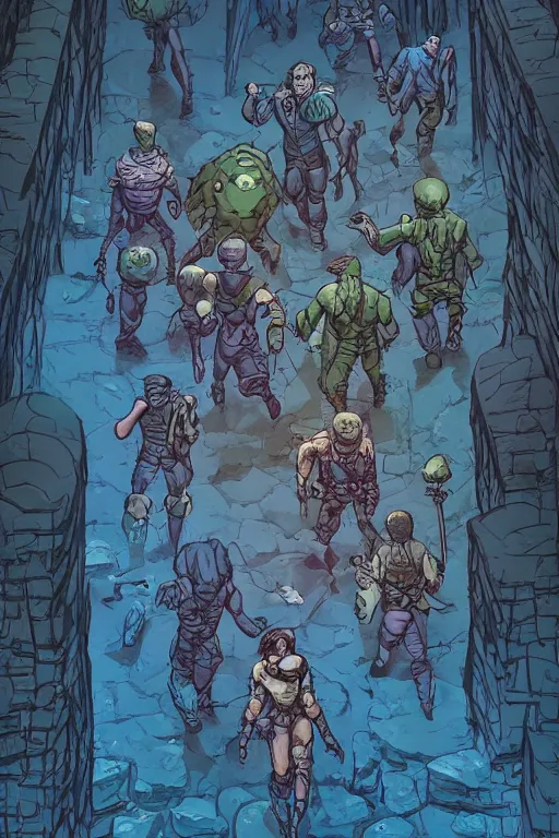 Image similar to adventuring party of 3 gamma world mutants walking through the interior of a dungeon, in the style of Rob Lefield and Dan Mumford , trending on artstation, digital art,surrealism ,macro,blueprint ,vaporwave ,