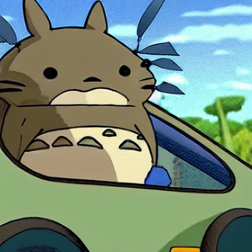 Prompt: totoro driving in a car, cartoon style,