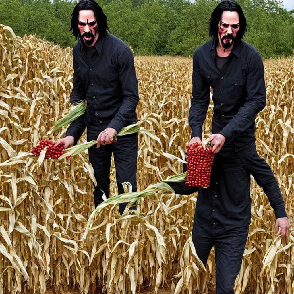 Prompt: scariest image ever seen. disturbing horrifying. keanu reeves harvesting corn