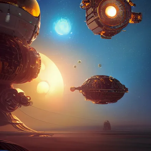 Image similar to colossal dream bot mothership in outer space, golden hour, intricate details, sharp focus, digital art, hyper realistic, 4 k, unreal engine, highly detailed, hd, dramatic lighting by brom, trending on artstation