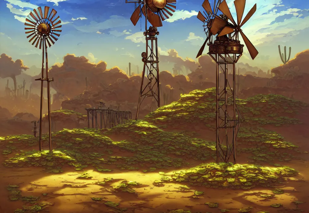 Image similar to steampunk windmill in the desert with chubby vines and puddles in the foreground, intricate oil painting, high detail illustration, sharp high detail, manga and anime 1 9 9 9, official fanart behance hd artstation by jesper ejsing and makoto shinkai, 4 k,