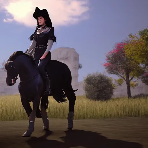 Prompt: The black-haired young witch travels on her horse to the land of dreams, unreal engine 4