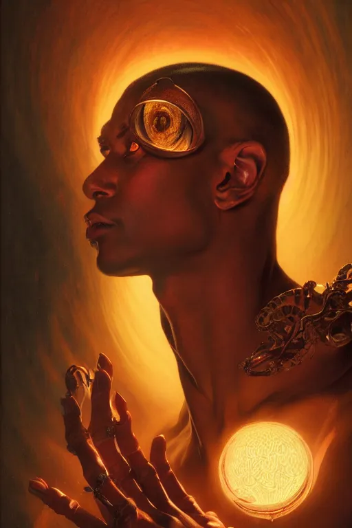 Prompt: sargent, leyendecker, greg hildebrandt, highly detailed portrait of a magical dark djinn with ebony skin and glowing eyes, stephen bliss, unreal engine, by greg rutkowski, loish, ferdinand knab, ilya kuvshinov, rossdraws, tom bagshaw, alphonse mucha, global illumination, radiant light, detailed and intricate environment