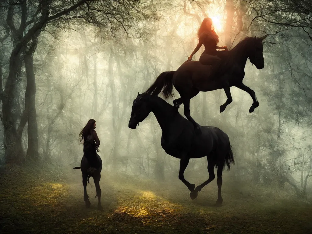 Prompt: a woman riding on a black horse through a oak and beech forrest, rays of light, cinematic, fantasy art, moody morning light, trending on artstation, by peter jackson
