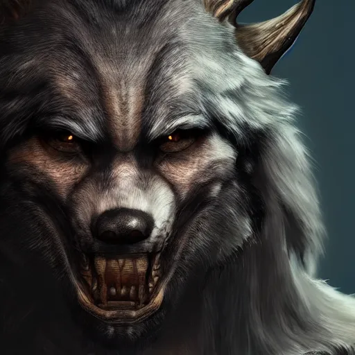 Image similar to a digital art of realistic portrait of werewolf from skyrim, scary grim dark werewolf, wolf man fantasy concept art, werewolf character sheet, 4 k, ultra detail, volumetric lighting, unreal engine, octane render