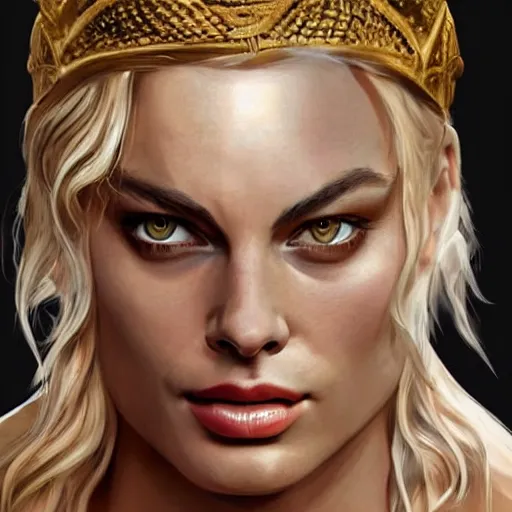 Image similar to margot robbie as a beautiful greek god, highly detailed, detailed face, digital art, trending on artstation