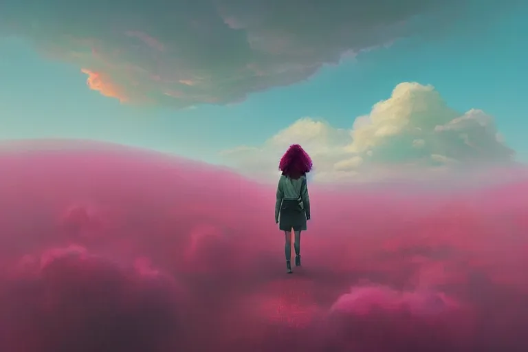 Image similar to giant dahlia flower as a head, girl walking on mountain, surreal photography, pink storm clouds, dramatic light, impressionist painting, digital painting, artstation, simon stalenhag