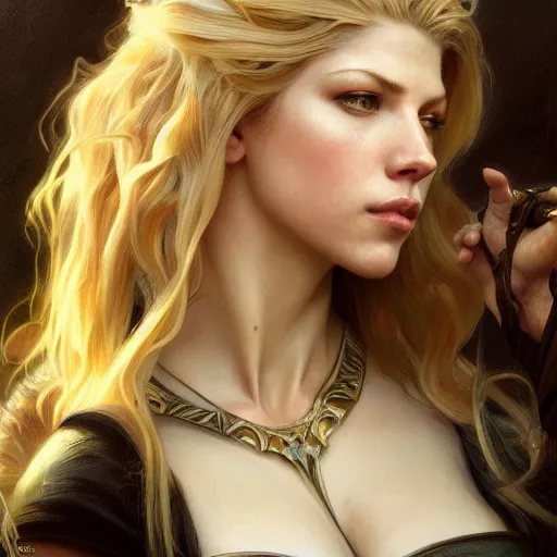 Prompt: beautiful Katheryn Winnick, western, closeup, D&D, fantasy, intricate, elegant, highly detailed, digital painting, artstation, concept art, matte, sharp focus, illustration, art by Artgerm and Greg Rutkowski and Alphonse Mucha