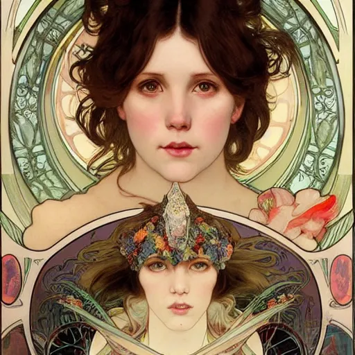 Prompt: realistic detailed face portrait of Millie Bobby Brown by Alphonse Mucha, Ayami Kojima, Amano, Charlie Bowater, Karol Bak, Greg Hildebrandt, Jean Delville, and Mark Brooks, Art Nouveau, Neo-Gothic, gothic, rich deep moody colors