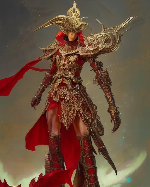 Prompt: A Full View of a Red Mage wearing magical ornate armor. Magus. Red Wizard. masterpiece 4k digital illustration by Ruan Jia and Mandy Jurgens and Artgerm and greg rutkowski and Alexander Tsaruk and WLOP and Range Murata, award winning, Artstation, art nouveau aesthetic, Alphonse Mucha background, intricate details, realistic, panoramic view, Hyperdetailed, 8k resolution, intricate art nouveau