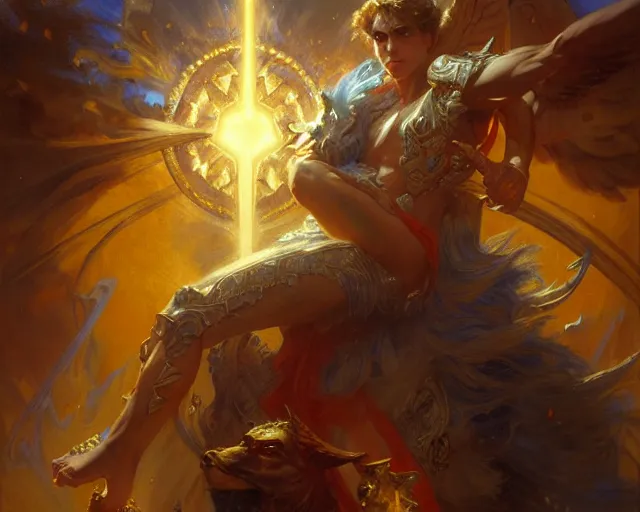 Image similar to attractive heroic male deity, casts magic, summoning handsome heroic lucifer morning star. highly detailed painting by gaston bussiere, craig mullins, j. c. leyendecker 8 k