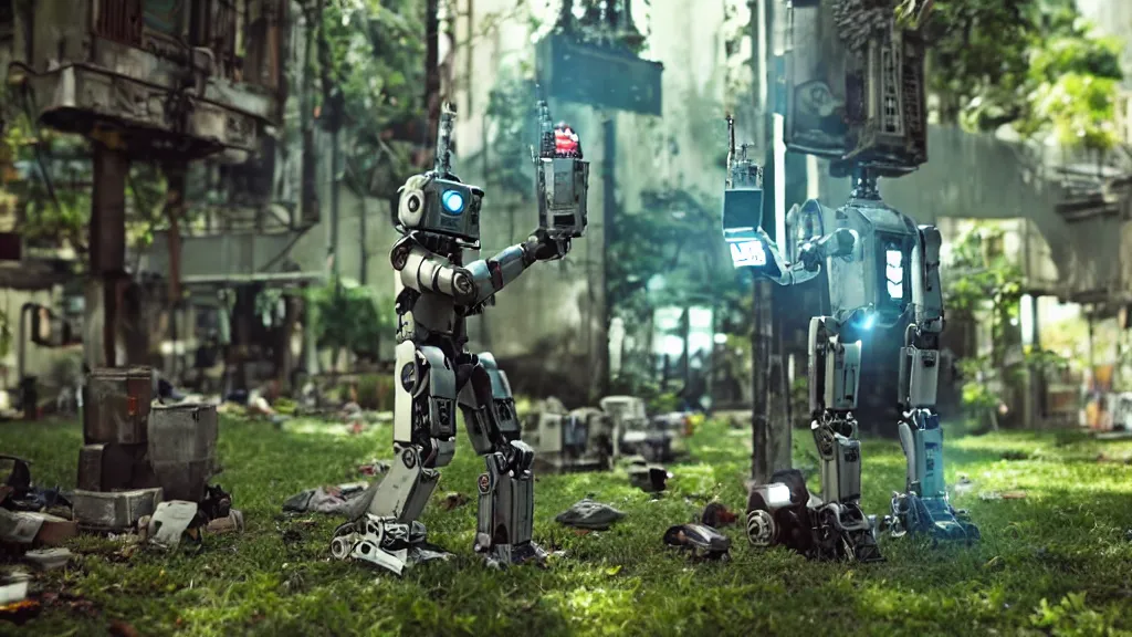 Image similar to film still from the movie chappie of the robot chappie shiny metal outdoor park plants garden scene bokeh depth of field furry anthro anthropomorphic stylized cat ears head android service droid robot machine fursona