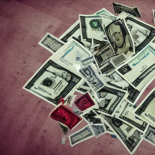 Prompt: pile of money and blood on the floor, ultrarealistic, highly detailed, 8k,