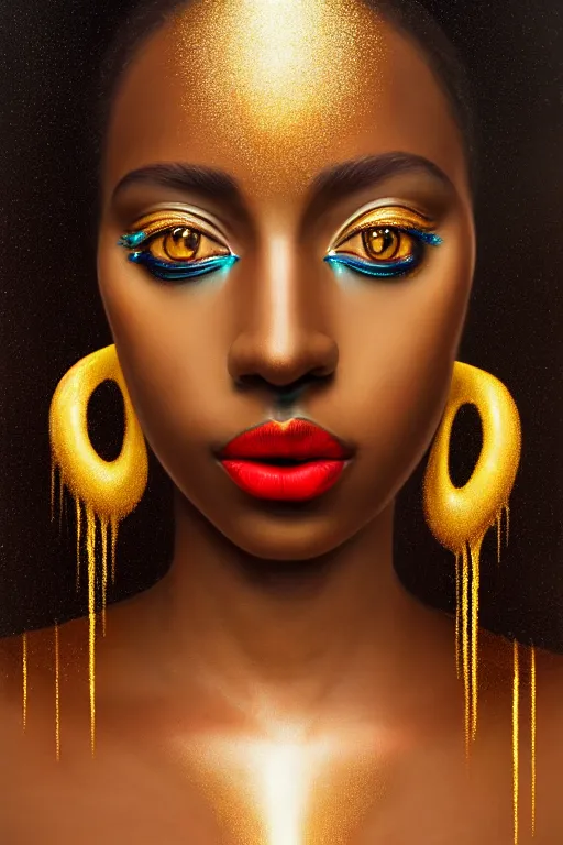 Image similar to hyperrealistic post - symbolist cinematic very beautiful! oshun goddess with white eyes, yoruba body paint, dripping droplet lips, gold flowers, highly detailed digital art masterpiece, smooth etienne sandorfi eric zener dramatic pearlescent soft teal light, ground angle uhd 8 k, sharp focus