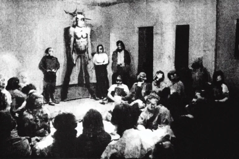 Image similar to found footage of a room of people staring at a live demon, eerie