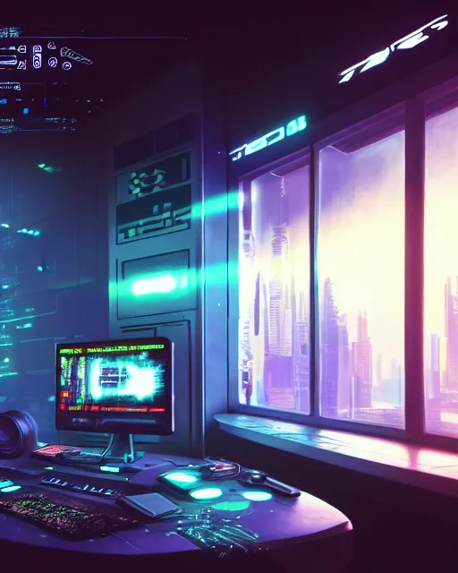 Prompt: cyberpunk scifi scene of a futuristic computer interface, artstation, matt painting, a window view, a tall floor plant, very detailed, maximalism, ambient occlusion, volumetric light, atmospheric haze, unreal engine, hyper realism, realistic shading, cinematic composition, realistic render, octane render, detailed textures, photorealistic, wide shot