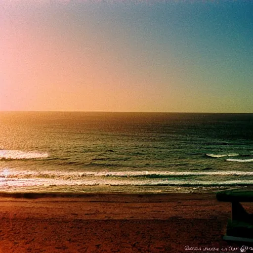 Prompt: california beach sunset on film, shot with an analog camera, washed out colour, looking out at the ocean