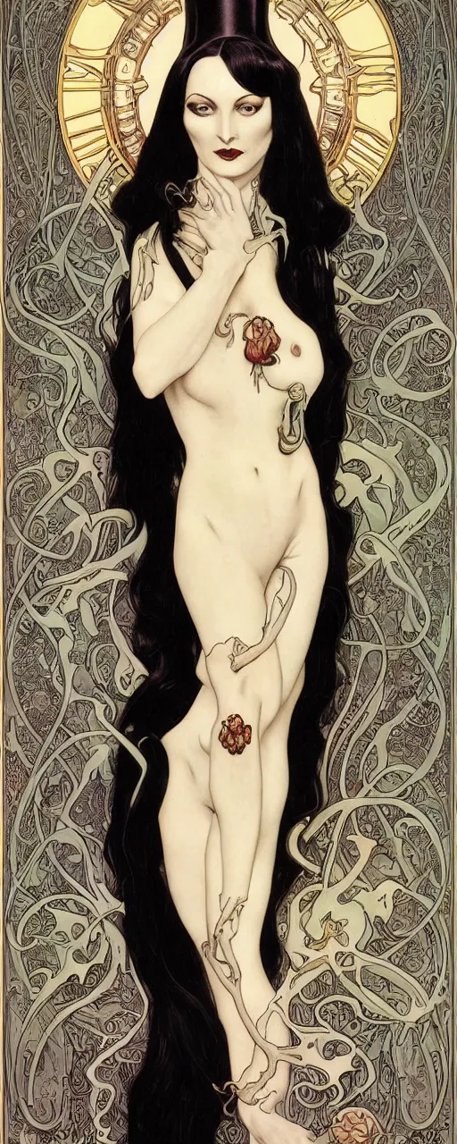 Prompt: striking sensual gorgeous sci - fi art nouveau portrait of morticia addams as the dark goddess lilith by michael kaluta, robert crumb and alphonse mucha, photorealism, extremely hyperdetailed, perfect symmetrical facial features, perfect anatomy, ornate declotage, weapons, circuitry, high technical detail, determined expression, piercing gaze