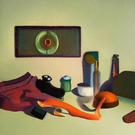 Image similar to A surreal composition of objects laid out on a floor in a dimly lit room with a green light emanating from the ceiling, depth of field, bokeh, oil on canvas, rule of thrids