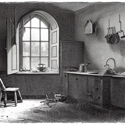 Image similar to kitchen of an abandonded house, illustration by Gustav Doré, Chiaroscuro