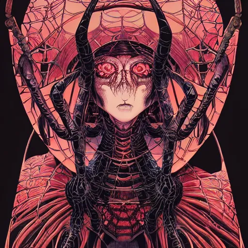 Prompt: portrait of crazy spider girl, symmetrical, by yoichi hatakenaka, masamune shirow, josan gonzales and dan mumford, ayami kojima, takato yamamoto, barclay shaw, karol bak, yukito kishiro