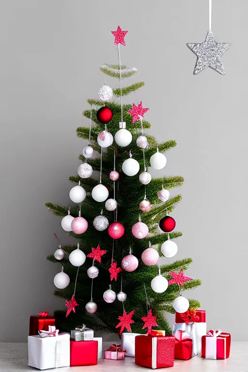 Image similar to flat sticker scandi christmas tree with kitsch glitzy baubles and stars and christmas robin bird decorations, silver pink white red mood, smooth sharp focus