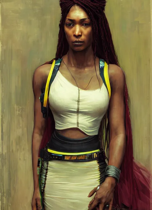 Prompt: Maria Igwe. Beautiful Cyberpunk mechanic with robotic legs. (Cyberpunk 2077, bladerunner 2049). Iranian orientalist portrait by john william waterhouse and Edwin Longsden Long and Theodore Ralli and Nasreddine Dinet, oil on canvas. Cinematic, vivid colors, hyper realism, realistic proportions, dramatic lighting, high detail 4k