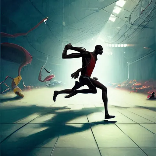 Image similar to cinematic painting of qwop!!!!!!!!!!!!!!!!!!!! running down the track by alvaro castagnet, peter mohrbacher and dan mumford, kinetic, motion, athletic, running