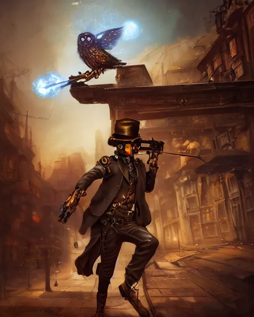 Prompt: oil painting of Anthropomorphized Steampunk Owl Sniper aiming steampunk gun, sharp focus, exploding golden steampunk city background, full body, heroic pose, fantasy style, octane render, volumetric lighting, 8k high definition, by greg rutkowski, highly detailed, trending on art Station, magic the gathering artwork, centered, dramatic artwork