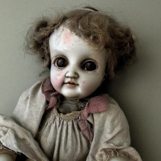 Image similar to A sweet, sad, beautifully shabby antique composition baby doll. She has unusually expressive tin litho sleep eyes, that look as if they’ve seen a world of melancholy.