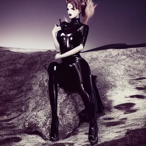 Image similar to portrait, full - body, a futuristic neo - goth woman wearing a shiny black latex ornate rococo dress, inside a volcanic black rock landscape, soft moonlight, volumetric lighting, dramatic, moody, ultra - sharp