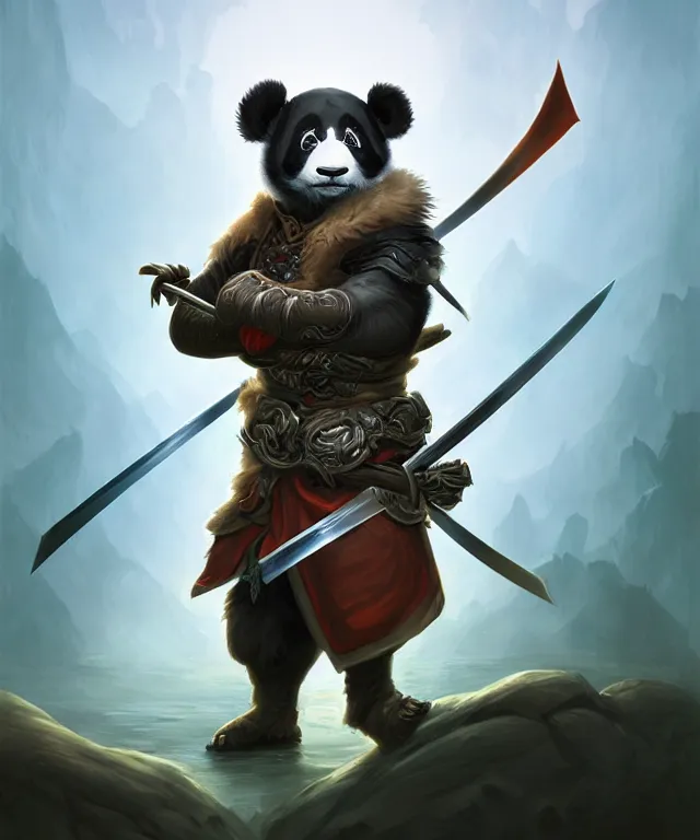 Image similar to a portrait an anthropomorphic panda samurai holding a katana, wearing armor with spiked shoulders, landscape in background, dnd character art portrait, world of warcraft style, by peter mohrbacher, cinematic lighting