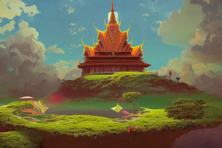 Image similar to surreal glimpse into other universe, floating island in the sky, a thai temple on a mound, summer morning, very coherent and colorful high contrast, art by gediminas pranckevicius, geof darrow, makoto shinkai, dark shadows, hard lighting