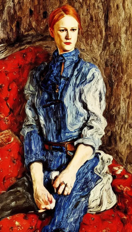 Prompt: evan rachel wood, blue and white trim western dress, in red dead redemntion 2, portrait, painting by Lucian Freud, edward rucha, rembrandt