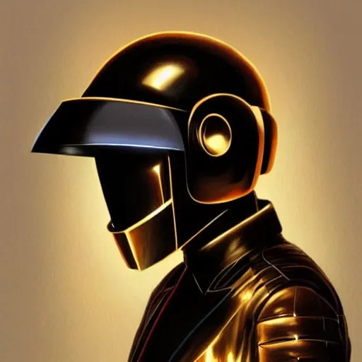 Image similar to portrait of Daft Punk by Greg Rutkowski, wearing a leather jacket, highly detailed portrait, digital painting, artstation, concept art, smooth, sharp foccus ilustration, Artstation HQ