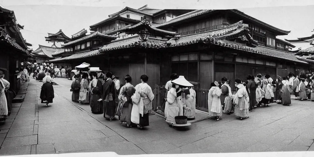 Prompt: 18th century Japanese street market in Kyoto, 1900s photography