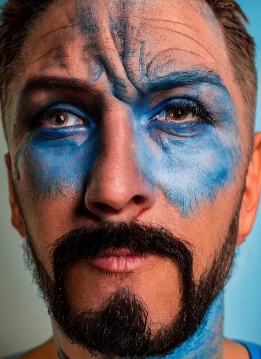 Image similar to fish eye lens close up photograph of a man with blue skin and a goatee side eyeing the camera with a sympathetic look