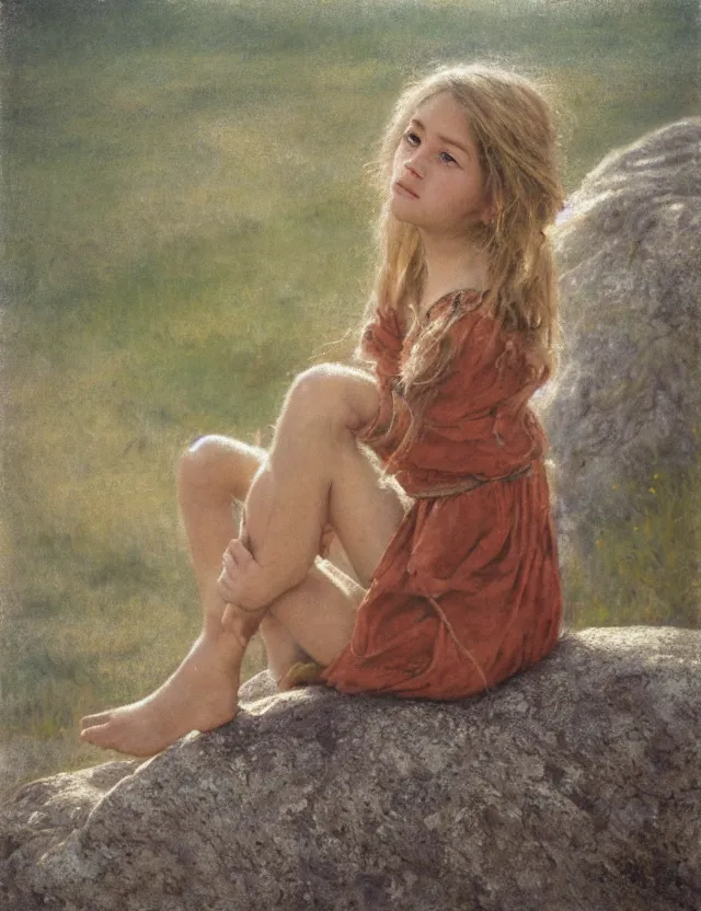 Image similar to peasant barefoot girl with long blowing windy hair sitting on the edge of rock, cottage core, cinematic focus, polaroid photo bleached vintage pastel colors high - key lighting, soft lights, foggy, by steve hanks, by lisa yuskavage, by serov valentin, by tarkovsky, 8 k render, detailed, oil on canvas