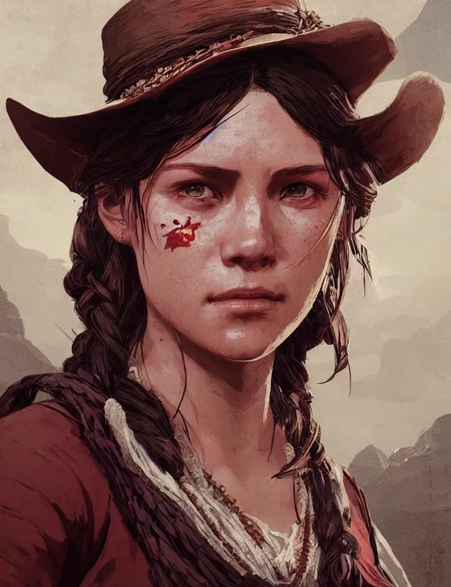 Image similar to close face portrait of a beautiful young female merchant red dead redemption 2 concept art, art by ryo shiotani and greg rutkowski, intricate, beautiful, cute, cinematic lighting, vintage art by serge ivanoff, high resolution, very detailed