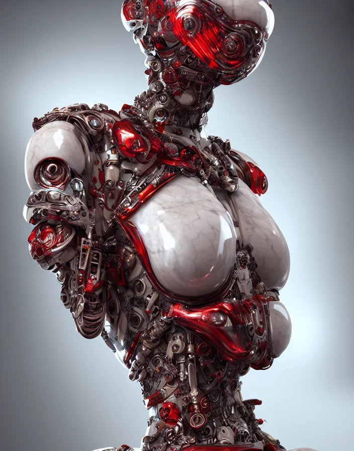 Image similar to portrait, antique marble statue, super hero pose, red white biomechanical dress, inflateble shapes, wearing epic bionic cyborg implants, masterpiece, intricate, biopunk futuristic wardrobe, highly detailed, art by akira, mike mignola, artstation, concept art, background galaxy, cyberpunk, octane render