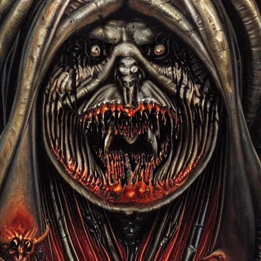 Prompt: closeup camera shot demonic figure wrapped in spiraling hellfire, metal album cover, demon staring into the camera, detailed oil painting by H. R. Giger.