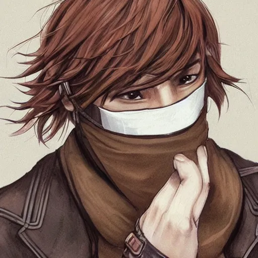 Prompt: Snake person of asian descent with a handsome face wearing a mask covering his mouth and nose, long brown hair and a shiny brown trench coat, realistic, D&D art, concept art, human