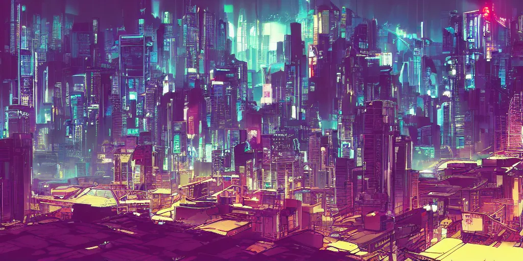 Prompt: city in the style of cyberpunk with a gigantic building in the middle, space sky, anime illustration,